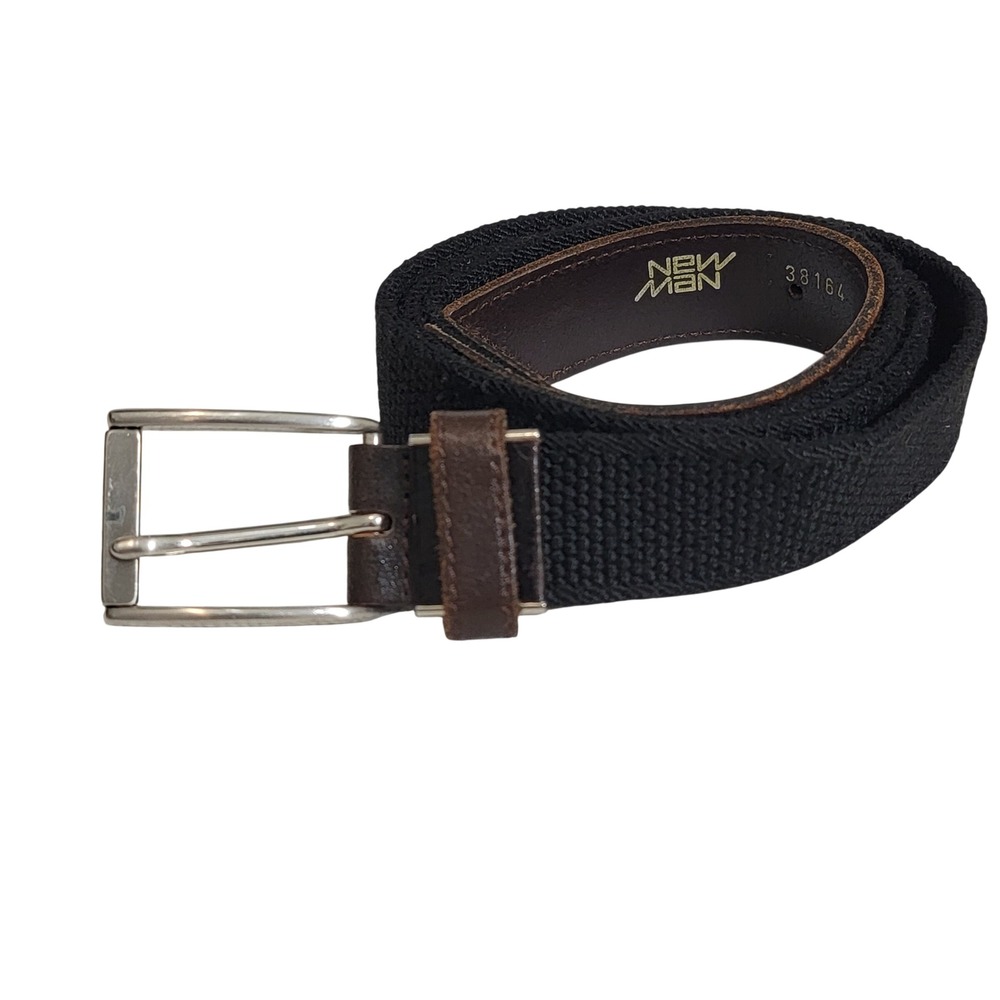 New Man France Black Woven Elastic Stretch Belt Leather Trim Mens Size 42‎ 105cm